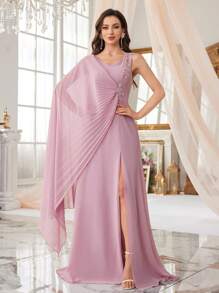 SUPGIR V-Neck Beaded Embroidery Sequin Ruched Batwing Sleeve Split Hem Chiffon Party Dress, Bridesmaid Dress - Pink - View 5