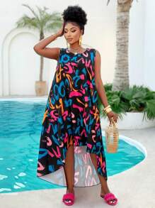 Vestido casual suelto de talla grande para mujer con estampado de letras en la parte delantera y la parte trasera larga, nuevo para el verano