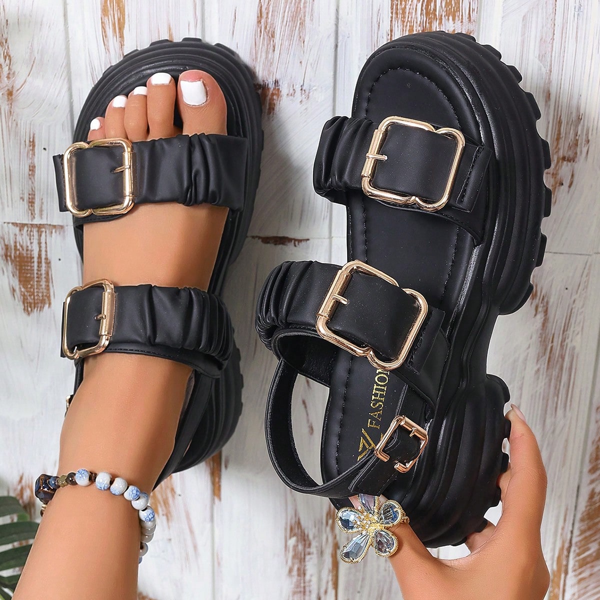Sandalias de suela gruesa para mujer, sandalias de verano casuales con hebilla, sandalias planas cómodas, sandalias de plataforma con cuña, sandalia