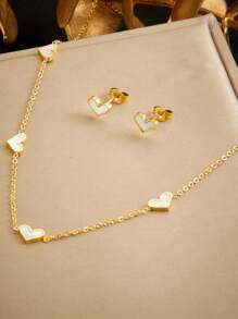 1 conjunto de colar e brincos de concha de aço inoxidável banhado a ouro e pingente de coração