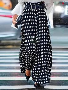 Elegant Polka Dot Wide-Leg Pants For Women - Casual, Non-Stretch Polyester With Belt Detail, Machine Washable - Black and White - View 2