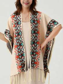 1pc Bohemian Style Retro Print Scarf Shawl, New Women Long Knit Poncho Cape Cloak Outwear Wrap