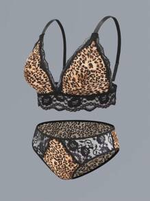 Plus Size Women's Lace Patchwork Leopard Pattern Soft & Breathable Sexy Lingerie Set - Brown - View 2