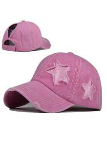 1pc Women Embroidered Five-Pointed Star Washed Ponytail Ripped Baseball Cap, Adjustable Outdoor Sun Hat Suitable For Spring, Autumn, Travel, Beach, Vacation, Also Fits Men, Y2K Style