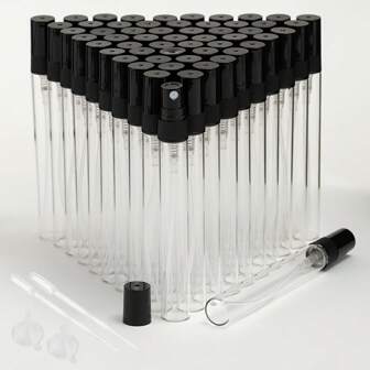 FIGHTYU 50 件 10ml/5ml 迷你玻璃黑盖香水喷雾瓶，带 2 个漏斗和 2 个滴管，适用于香水倾倒，便携且适合飞机