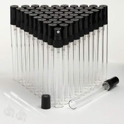 FIGHTYU 50 piezas Botellas de spray de perfume de vidrio mini de 10ml/5ml con tapas negras, con 2 embudos y 2 cuentagotas, adecuadas para descarga de perfume, portátiles y aptas para avión