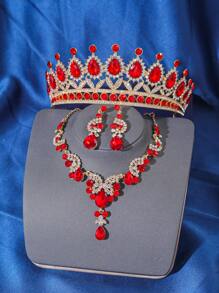 4 件优雅奢华巴洛克水晶皇冠项链耳环配饰套装，新娘婚礼头饰，女士派对活动成人礼物皇冠项链耳环