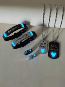 ATLVXJL 6 Stücke/Set nachleuchtende Herzen, "Ich liebe dich", "Ihre Schönheit und sein Biest" Buchstaben Edelstahl Paar Halskette Armband Ringe Set, Liebe Schmuckset für Valentinstag, Alltag