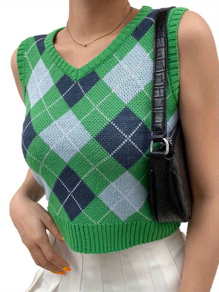 Women's Curve-Hugging Sleeveless Knit Vest Diamond Printing V Neck Tank Tops - Green - View 1