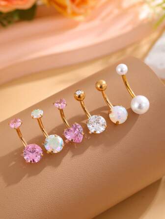 6pcs Set Stainless Steel Double Heart Shaped Embedded Belly Zirconia Button Rings, Cute Faux Pearl Piercing Jewelry For Women