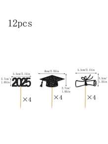12pcs/Set 2025 Graduation Party Cake Toppers, Diploma Hat Cupcake Picks Dessert Decorations
