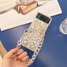 Luxury Perfume Bottle Fully Rhinestoned Folding Phone Case With Chain, Suitable Compatible With Samsung Galaxy Z Flip3 5G/Galaxy Z Flip 4 5G/Galaxy Z Flip 5 5G/Galaxy Z Flip 6 5G/Galaxy Z Flip 7 5G, Personalized For Women - Multicolor - View 2