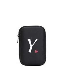 A-Z Letter & Heart Pattern Mini Portable Storage Pouch, Waterproof & Shockproof Digital Organizer Bag, Initial Monogram Phone Charger Cable Holder, Zipper Pouch For Wallet, Data Cable, Electronic Accessories, Suitable For Business, Travel, School, University, Office - Black - View 28