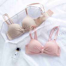 Three Pieces SetSweet And Cute Girl's Small Chest Gathering Underwear Seamless Girl's No Wire Bra High School Student Strap Checkered Comfortable Bra - Multicolor - View 3