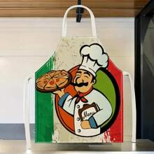 1pc Chef Pizza Pattern Linen Apron, Creative And Fun Stylish Printing House Cleaning Apron, Waterproof Oil Easy To Clean Kitchen Cooking Grill, Creative Home Apron, Work Uniform - Multicolor - View 4