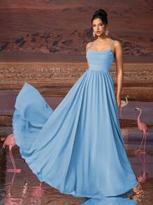 AOSHABABI Shallow Blue Solid Color Draped Chiffon Elegant Women Evening Dress Fall - Blue - View 2