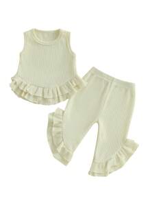 Toddler Girl Summer Outfits Solid Waffle Round Neck Ruffled Tank Tops With Long Pants 2 Pcs Set - Apricot - View 1