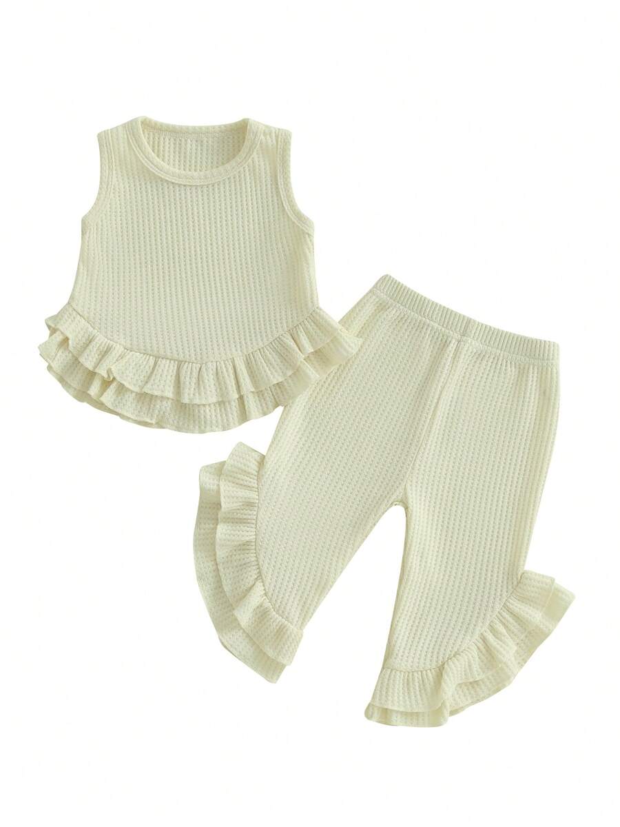 Toddler Girl Summer Outfits Solid Waffle Round Neck Ruffled Tank Tops With Long Pants 2 Pcs Set - Apricot - View 1