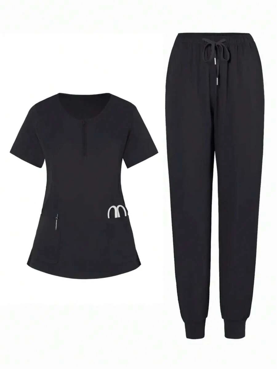 Women Scrub Uniform Set, Solid Color Short Sleeve Top And Long Pants, Minimalist And Fashionable, Suitable For Summer - Black - View 1