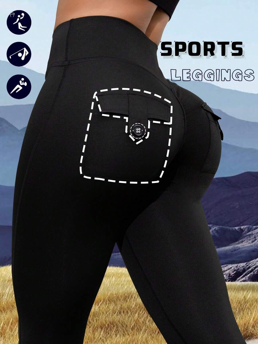 Women's Cargo Pocket Sports Leggings, Versatile Fitness Outdoor Base Layer Pants - Black - View 1