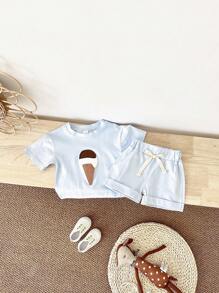 2 件套婴儿/幼儿男女款休闲冰淇淋拼布短袖 T 恤和短裤夏季服装