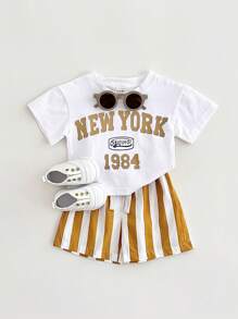 2Pcs/Set Newborn Infant Baby Boys Girls Casual Letter Print Short Sleeve Top + Striped Shorts, Summer