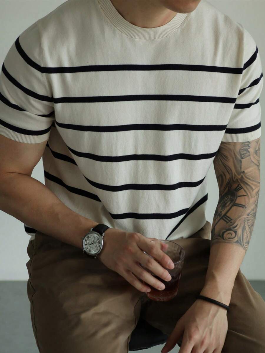 Camiseta de punto de manga corta con rayas para hombre - Blanco - Ver 1