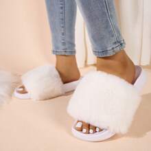 European Style Fluffy Slip-On Slippers For Women, Indoor & Outdoor Wear, Fashionable Faux Fur Flat Versatile Soft Sole All Season Shoes - White - View 2