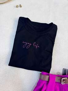 Camiseta blusa T-Shirt Feminina Algodão  estilo simples padrão "enjoy life"