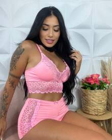 Women's Babydoll With Lace Details In Nightwear Short Pajamas - Hồng - Xem 2
