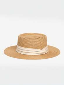 French Flat-Brimmed UV-Blocking Sunhat For Women, Foldable Design With Ribbon, Casual & Fashionable Straw Hat For Beach, Resort, Summer, Spring
