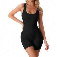 Women Yoga Romper Workout Ribbed Square Neck One Piece Seamless Tank Top Jumpsuit - màu đen - Xem 5