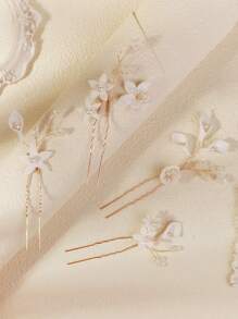 4 件装新款陶瓷花白色碎花发叉发插新娘头饰欧式简约珍珠点缀配饰 - 金色 - 查看 7