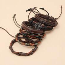 6pcs Vintage Handmade Braided Leather Bracelets DIY Peace Tree Combination, Men Jewelry Accessories Wholesale, European And American Style