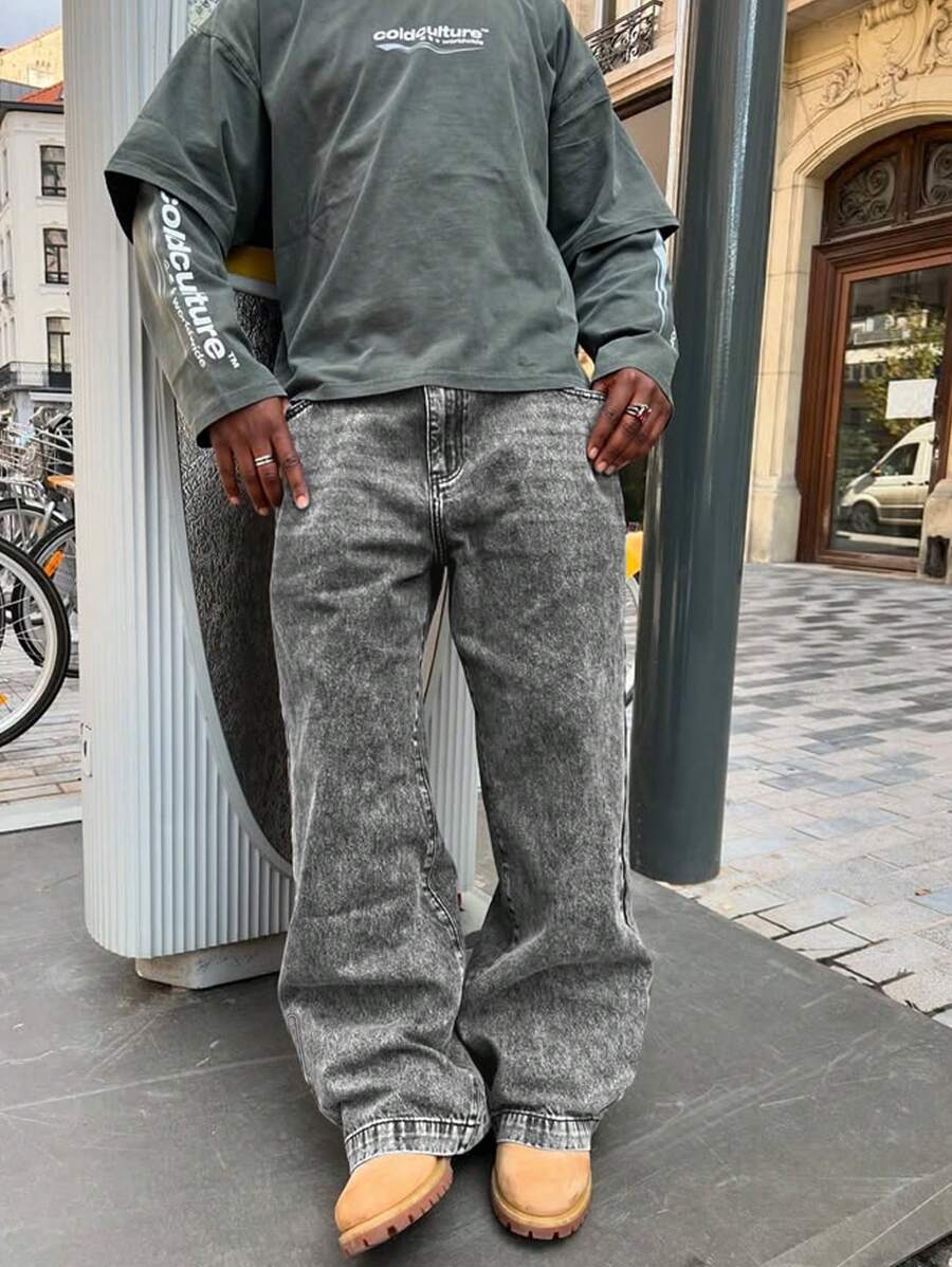 Men's Fashionable Casual Pocket Embossed Pants, Young Street Style College Sports Loose Straight Wide Leg Versatile Denim Jeans