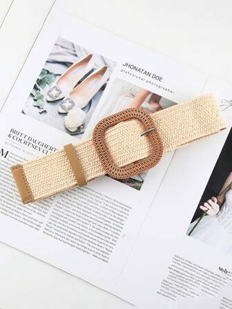 1 条女孩可爱简约时尚方形扣波西米亚草编沙滩腰带精致生日礼物几何图案腰带适合度假旅行儿童夏季复活节