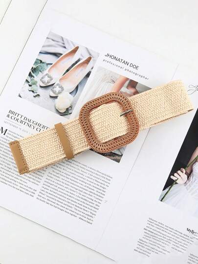 1 条女孩可爱简约时尚方形扣波西米亚草编沙滩腰带精致生日礼物几何图案腰带适合度假旅行儿童夏季复活节