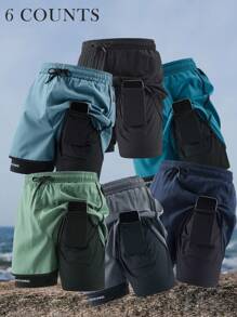 6pcs Men's Summer Quick-Drying Lightweight 2 In 1 Athletic Shorts, Breathable 5-Point Pants, Plus Size, Brand