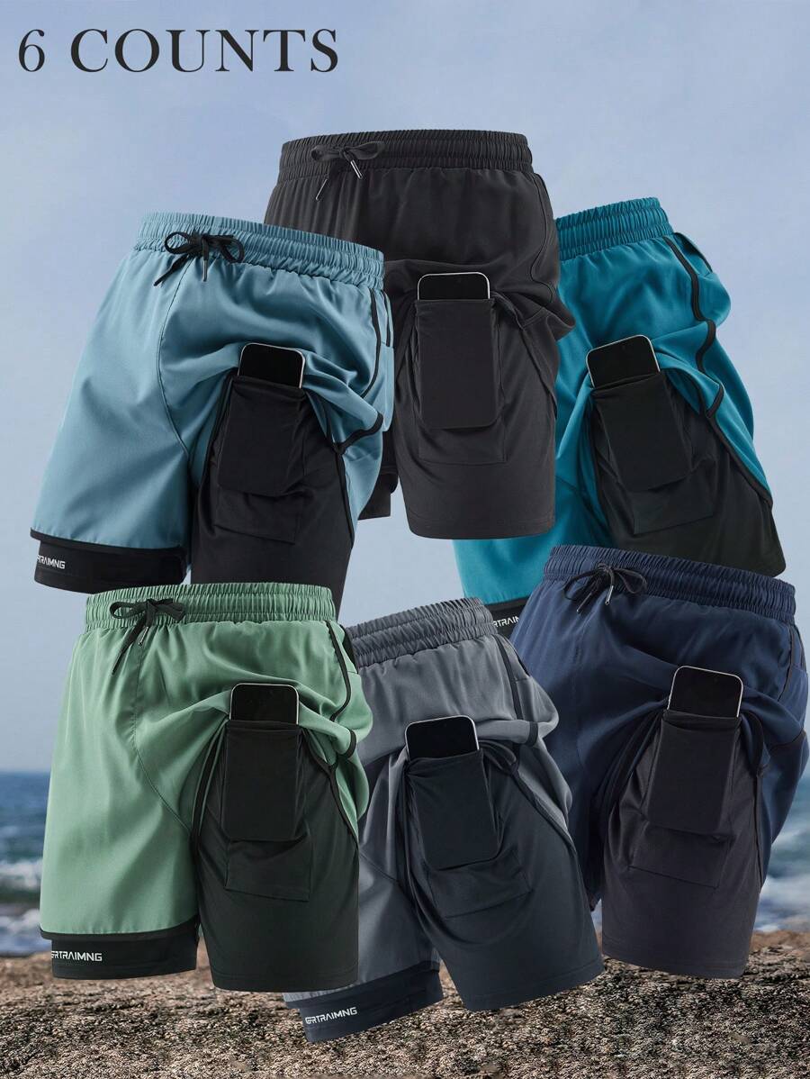 6pcs Men's Summer Quick-Drying Lightweight 2 In 1 Athletic Shorts, Breathable 5-Point Pants, Plus Size, Brand