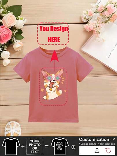 Girls Pink Round Neck Short Sleeve Printed Custom Casual Versatile T-Shirt, Toddler & Little Kid Sizes, Summer