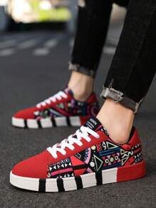 Men's Lace-Up Front Color Block Letter Graffiti Canvas Casual Sneakers - Black and Red - View 8