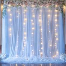 6 pièces Rideaux de fond en tulle blanc lumineux, rideaux de voile blanc pour arche de mariage avec guirlande lumineuse, décoration de fond de mariage 500*160 cm en voile transparent, décoration de plafond pour arche de mariage, convient pour les mariages, les fêtes d'anniversaire, la décoration de la maison, les accessoires photo