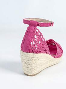 Sandalias de cuña con encaje para mujer, sandalias casuales de plataforma con puntera redonda, transpirables, trenzadas, de tacón alto, versátiles - Rosa Fucsia - Ver 10