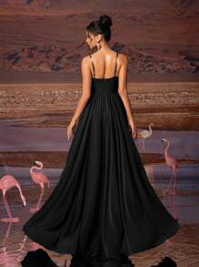 AOSHABABI 黑色纯色垂褶雪纺优雅女士晚礼服，适合各种正式场合，如晚宴、婚礼、音乐会、节日、毕业典礼、鸡尾酒会、约会、度假、伴娘礼服、派对礼服，以及春季婚礼宾客礼服。 - 黑色 - 查看 10