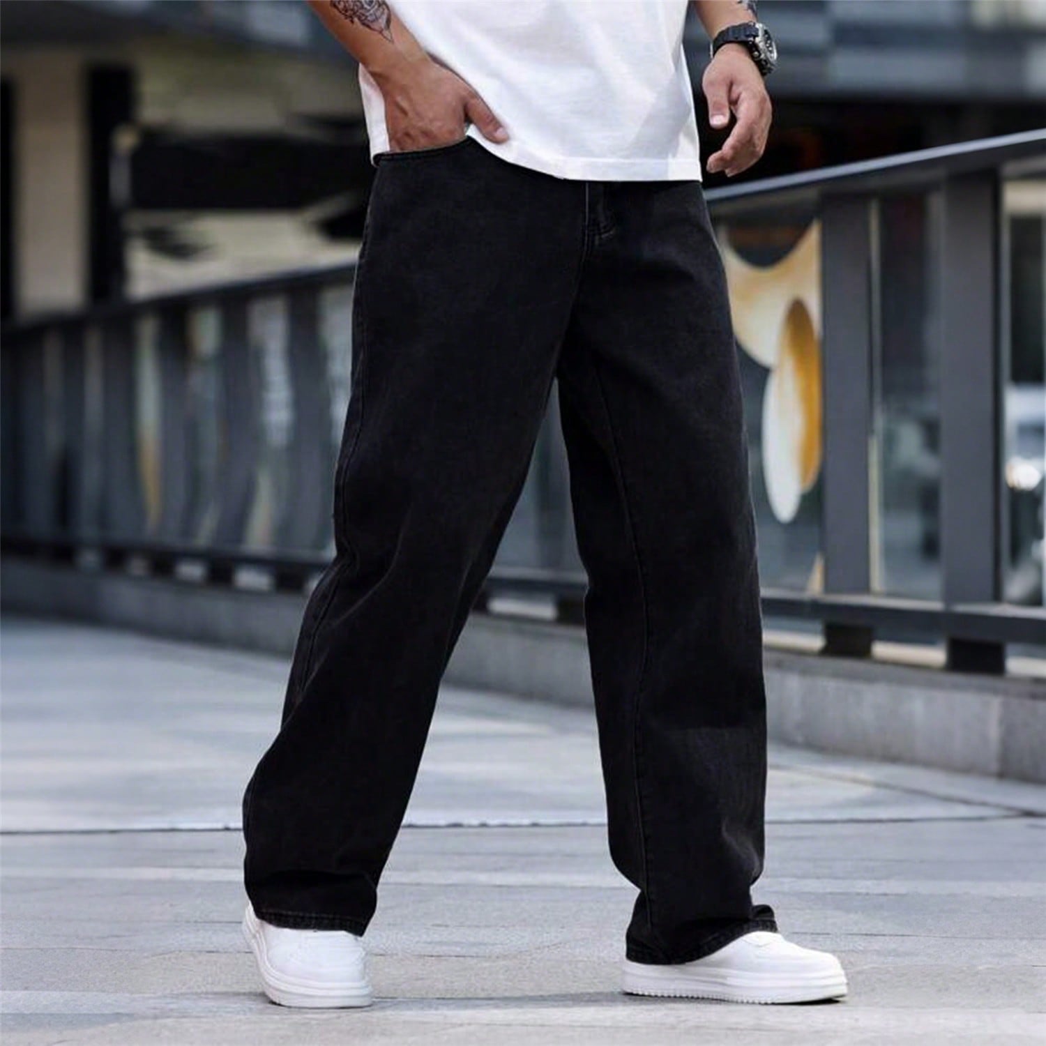 Pieza Jeans rectos de corte holgado y estilo casual lavado, moda coreana, versátil