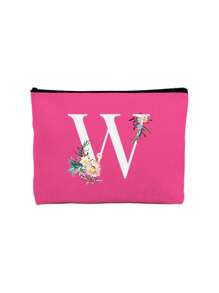 首字母印花拼布女士化妆包 玫红色小包 化妆包 便携洗漱包 教师节礼物 可重复使用化妆包 带雏菊白色字母印花 女士简约大容量旅行化妆包