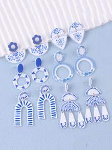 1 对中国风青花瓷流苏几何优雅女士耳环 - 彩色 - 查看 2