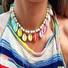 1 件女士时尚彩色珐琅贝壳和珠子项链，波西米亚风格海滩珠宝 - 白色 - 查看 1