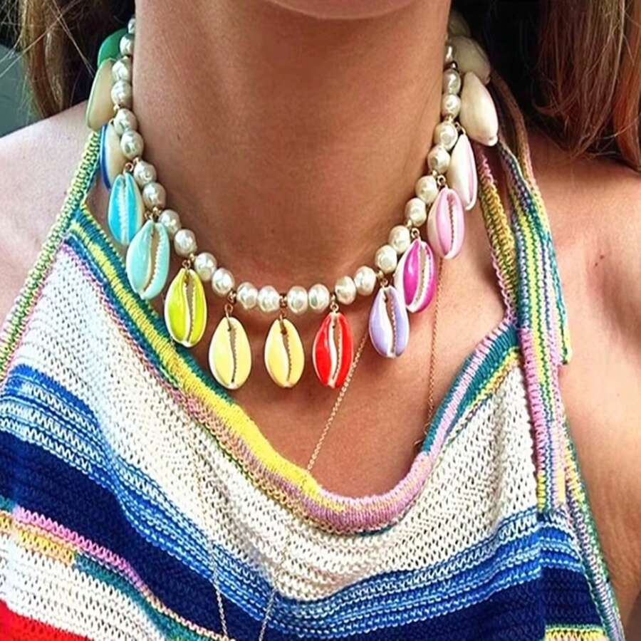 1 件女士时尚彩色珐琅贝壳和珠子项链，波西米亚风格海滩珠宝 - 白色 - 查看 1
