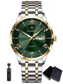 1 pieza Reloj de pulsera de cuarzo de acero inoxidable dorado con estilo de negocios para hombres, con calendario de semana y doble pantalla, resistente al agua 30M, función de manecillas luminosas, reloj casual para hombres con estuche, juego de regalo para hombres